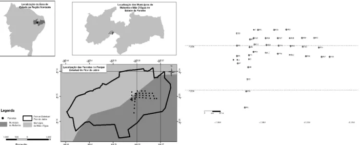 Figura 1 –  Localização do Pico do Jabre na região Nordeste no estado da Paraíba e distribuição das parcelas para o levantamento 