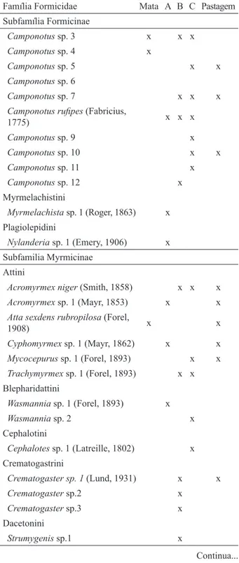Tabela 1 –  Lista de espécies de formigas capturadas na área  de  voçoroca  (braços:  “A”,  “B”,  “C”),  pastagem  e  mata  em  Itumirim-MG, 2010.