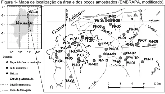 Figura 1- Mapa de localização da área e dos poços amostrados (EMBRAPA, modificado). 