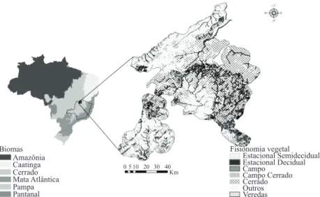Figura 1 – À esquerda, o mapa de biomas do Brasil (INSTITUTO BRASILEIRO DE GEOGRAFIA E ESTATÍSTICA - IBGE,  2004) e contorno com o limite estadual de Minas Gerais; à direita mapa da fisionomia vegetal na área de estudo: seis unidades de  conservação no nor