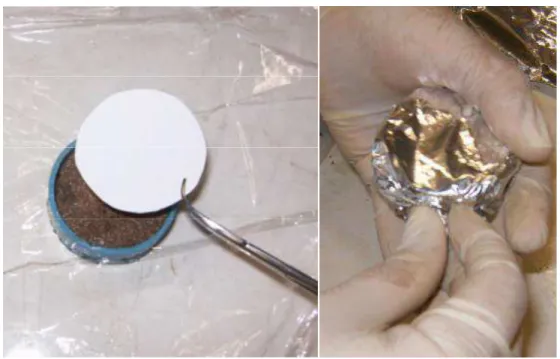 Figura 3.2. A – Detalhe do papel filtro sendo colocado sobre a amostra de solo; B – Amostra  envolvida com papel alumínio