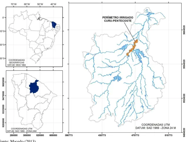 Figura 1-Localização do Perímetro Irrigado Curu Pentecoste na Bacia Hidrográfica do Curu,  Ceará