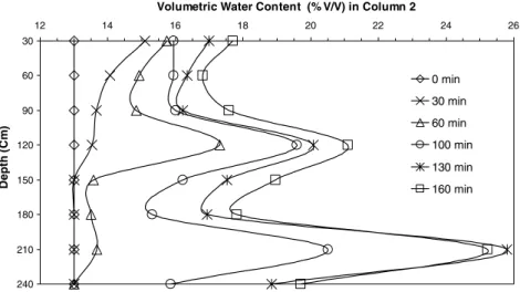 Fig. 4. Change in volumetric water content during rain simulation in column 2.