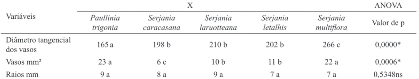 Tabela 3 –  Dados quantitativos do xilema das lianas da família Sapindaceae comercializadas em São Paulo - SP.