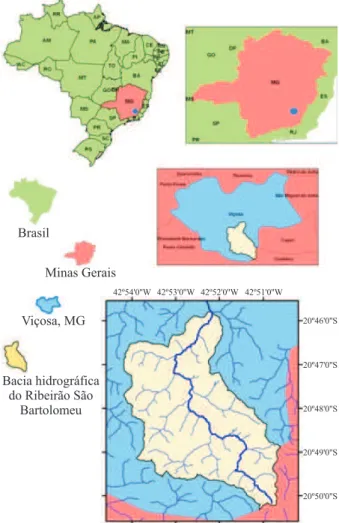 Figura 1 –  Localização  da  área  de  estudo,  destacando-se  o  ribeirão São Bartolomeu.