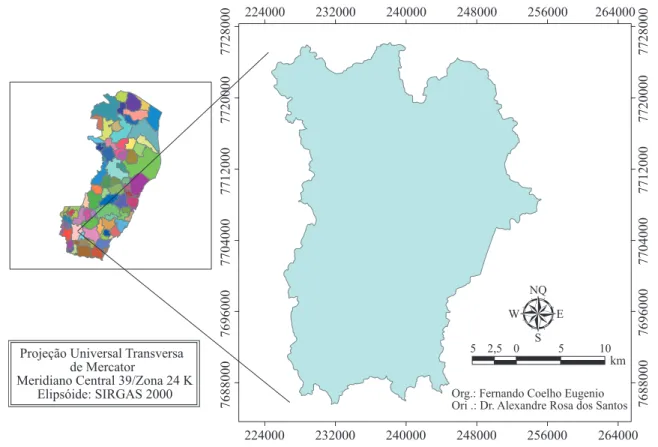 Figura 1 – Localização da área de estudo, município de Alegre, Espírito Santo.  Figure 1 – Location of the study area, county of Alegre, Espírito Santo.
