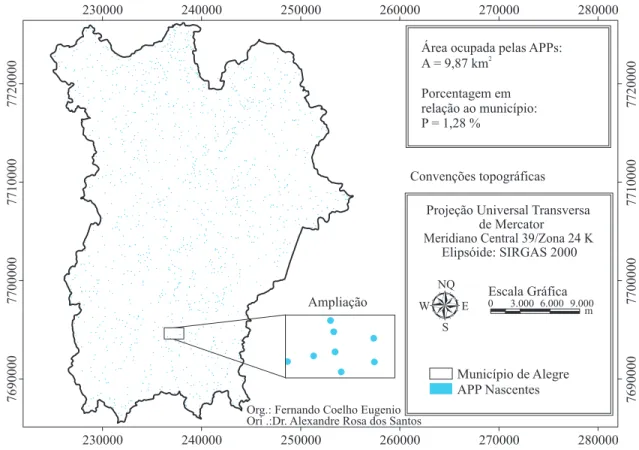 Figura 3 – Total das APPs de Nascentes do município de Alegre. Figure 3 – Total of APPs of spring the county of Alegre.