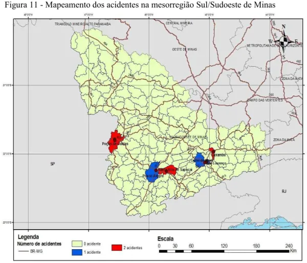 Figura 11 - Mapeamento dos acidentes na mesorregião Sul/Sudoeste de Minas 
