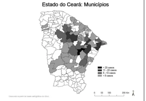 Figura 4 -  Distribuição dos pacientes vítimas de acidentes ofídicos por serpentes  peçonhentas  (N=276),  segundo  a  região  de  procedência,  atendidos  em hospital terciário de Fortaleza, Ceará, Brasil, 2003-2012