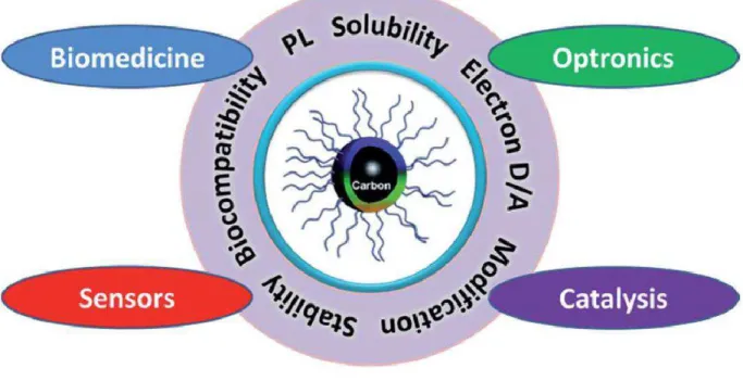 Figure  1.3.  Illustration  presenting  CQDs  properties,  as  well  as  potential  research  fields