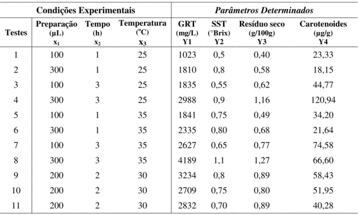 Tabela 5 –  Variáveis dependentes determinadas em cada condição experimental. 