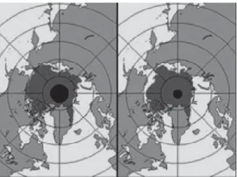 Figura 2.  As ilustrações comparam as médias de superfície de oceano congelado (em cinza escuro) no Ártico durante o mês de setembro entre 1973-1976 (esquerda), com as médias do mês de setembro entre 1999-2002 (direita), indicando “descongelamento” de uma 