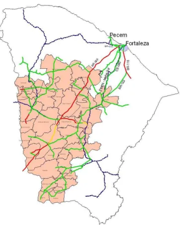Figura 1. Mapa do Ceará com destaque para a área da CPP_BDM e vinculações modais de transporte