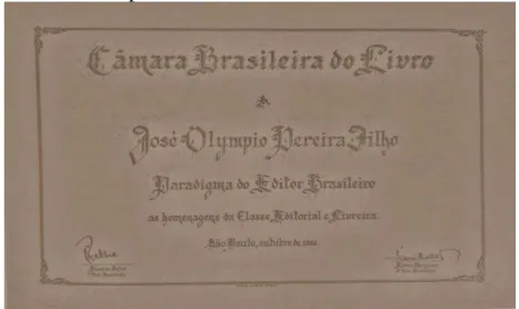 Figura 1: Diploma do título de Paradigma do Editor Brasileiro, concedido a José Olympio  pela Câmara Brasileira do Livro