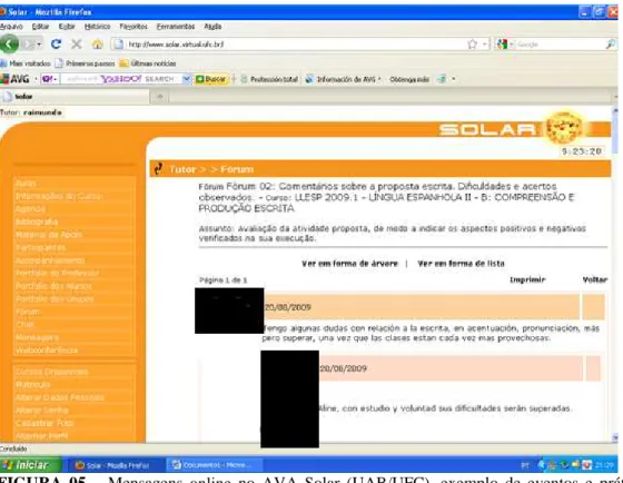 FIGURA  05  –   Mensagens  online  no  AVA  Solar  (UAB/UFC),  exemplo  de  eventos  e  práticas  de  letramento  digital