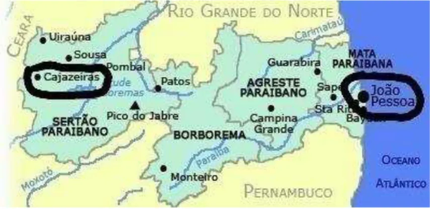 Figura 1  –  Mapa do estado da Paraíba com destaque em Cajazeiras e na capital João Pessoa- Pessoa-PB 