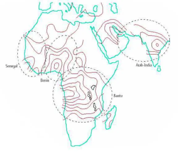 Figura 8- Distribuição geográfica dos haplótipos ligados ao gene da globina β  S  na África e regiões do Oriente  Médio