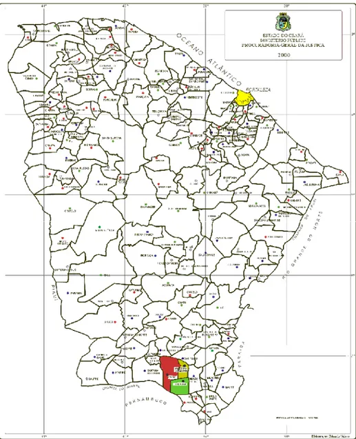 FIGURA 9 -Localização geográfica dos municípios de  Crato, Juazeiro do Norte e Barbalha , cidades  que forneceram as fichas de investigação de LTA do Sistema Nacional de Agravos de Notificação  (SINAN) do 