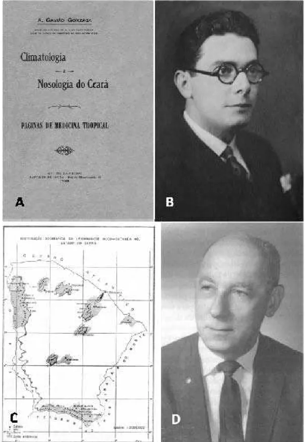 Figura 4.3: A- Cap a do livro d e Gavião-Gon zag a (1925 ); B – Gavi ão-Gon zaga (1894-1977 ) ;  C  - Map a da  distribuição da Leishmaniose Cutânea no Ceará (SALES, 1952); D - José Borges Sales (1911 - 2006) 