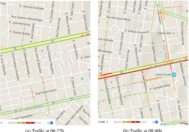 Figura 1 – Traffic on the Bezerra de Menezes avenue in Fortaleza, Brazil, at two different times of a day