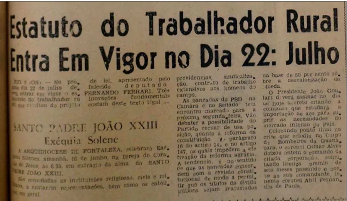 Figura  03  –  Nota  publicada  na  edição  do  Jornal  O  Nordeste,  do  dia  9  de  junho  de  1963  e  trata  do  Estatuto  do   Trabalhador Rural