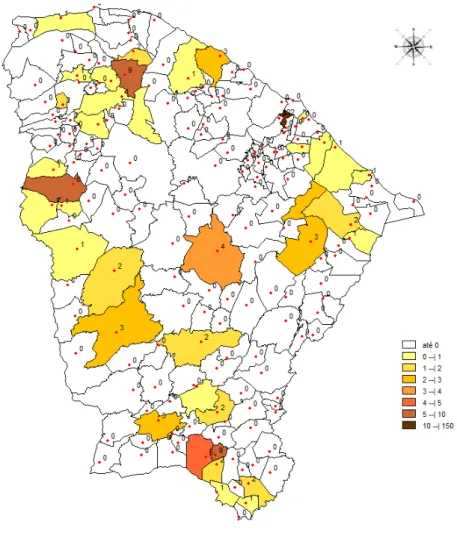 Figura  3  –  Distribuição  espacial  de  processos  nas  unidades  na  justiça  estadual  no  Ceará,  segundo município de origem do processo 