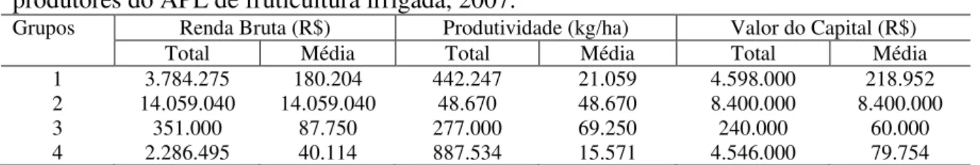 Tabela  5  –  Custos  de  mão-de-obra,  insumos  agrícolas  e  energia  elétrica  dos  grupos  de  produtores do APL de fruticultura irrigada, 2007