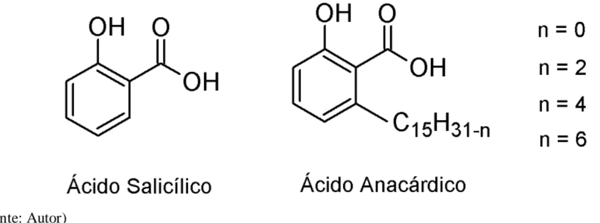 Figura 1 - Estrutura molecular do ácido salicílico e ácido anacárdico com suas variações na cadeia carbônica