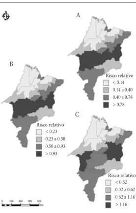 Figura 2. Análise espaço temporal das áreas de risco  para leishmaniose visceral (LV) por Unidade Regional  de Saúde (URS) no Estado do Maranhão, em biênio:  2006-2007 (A), 2008-2009 (B)