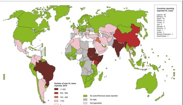 Figura 1. Endemicidade da leishmaniose visceral no mundo em 2015. Adaptado  de (WORLD HEALTH ORGANIZATION, 2015)
