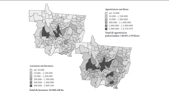 Figura 1.  Lavouras e consumo de agrotóxicos por município no MT em 2012.