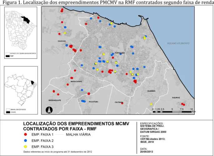 Figura 1. Localização dos empreendimentos PMCMV na RMF contratados segundo faixa de renda 