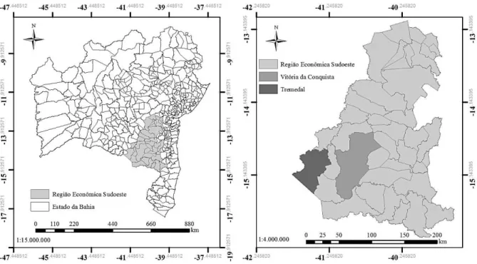 Figura 1 – Localização geográfica da Região Econômica Sudoeste e dos municípios de Vitória  da Conquista e Tremedal, Bahia, 2017