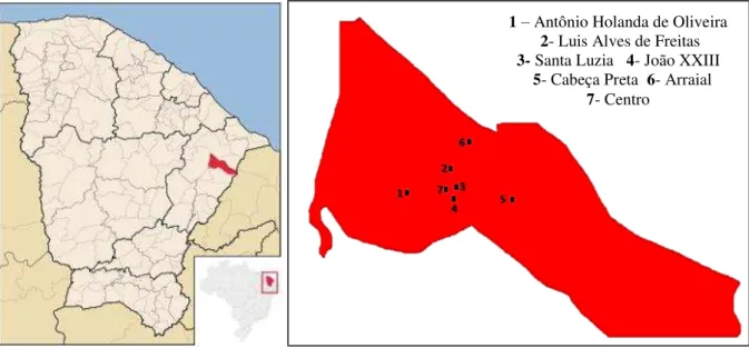 Figura 5 – Mapa do Ceará e mapa de Limoeiro do Norte, com locais de coletas marcados  com números