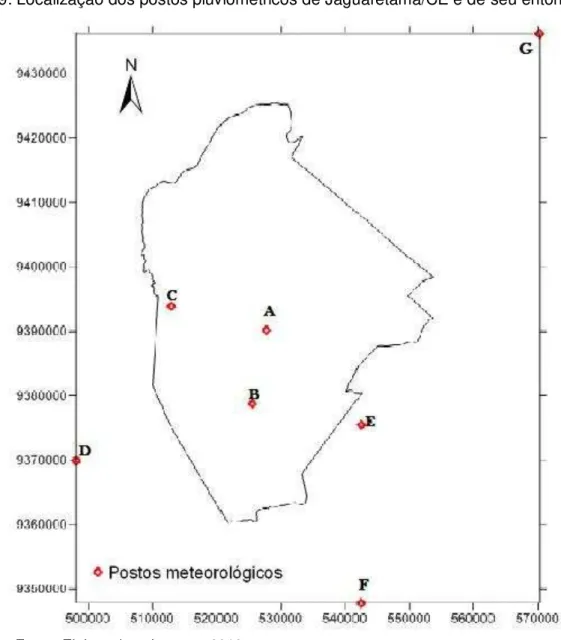 Figura 9: Localização dos postos pluviométricos de Jaguaretama/CE e de seu entorno. 