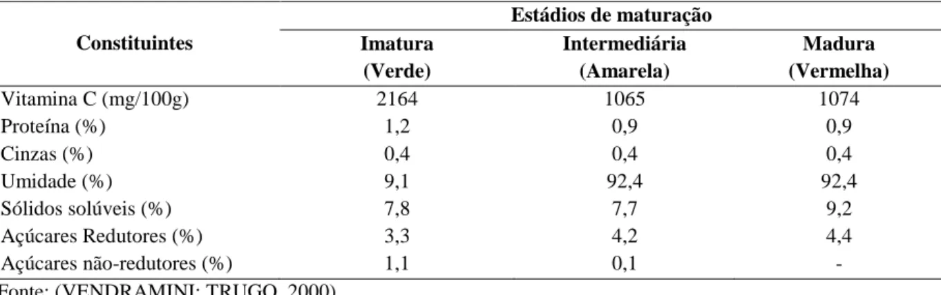 Tabela 1  –  Composição química do fruto da acerola em diferentes estádios de maturação 