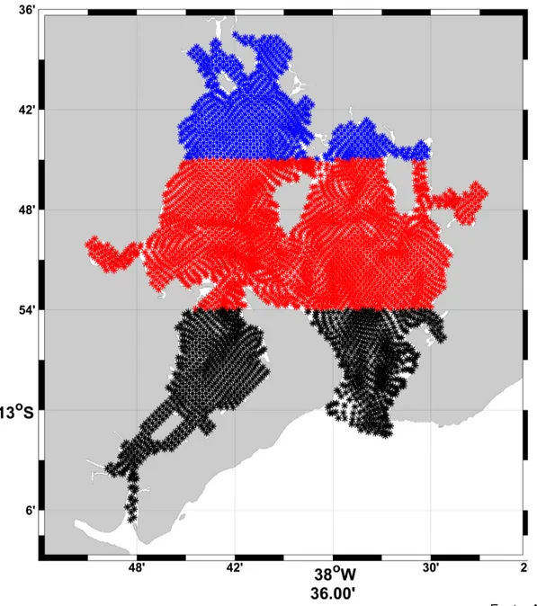 Figura 7: Distribuição das partículas passivas no primeiro dia do quarto ano e divisão da BTS em estuário superior (azul), médio (vermelho) e inferior (preto).