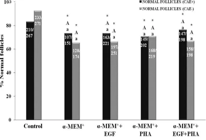 Figure  2.  Percentage  (mean  ±  SEM)  of  normal  follicles  in  non-cultured  tissues  and  tissues  after culture for 6 days in  α -MEM +  alone or with EGF, PHA or both, in intected and healthy  animals