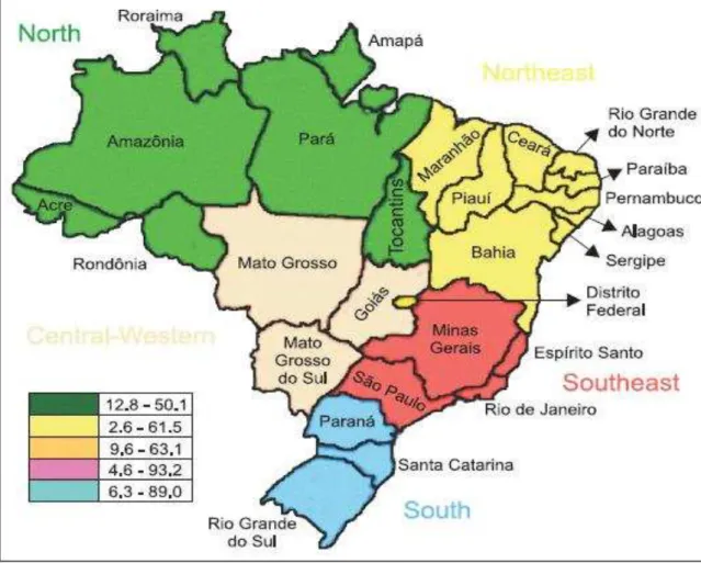 Figura  3:  Distribuição  da  histoplasmose  no  Brasil  de  acordo  com  a  (%)  de  reatividade cutânea à histoplasmina encontrada nos diversos inquéritos realizados  no país