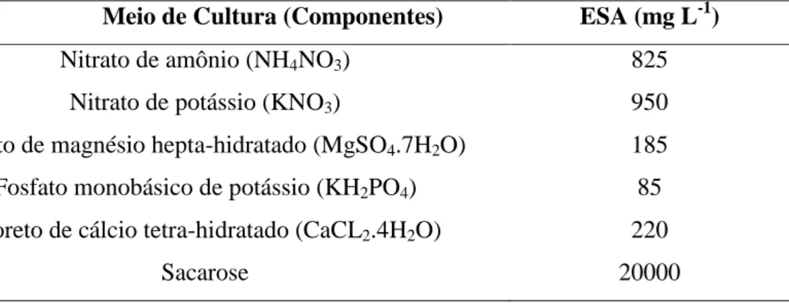 Tabela 1  –  Meio de cultura ESA utilizado nas etapas de indução de calos embriogênicos  e proliferação das culturas embriogênicas, para produção de mudas micropropagadas de  antúrio  ( Anthurium  andraeanum ),  via  embriogênese  somática  [PIERIK  (1976)