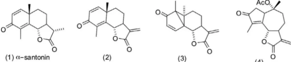 Fig. 1. Structures of a -santonin (1) and its synthetic derivatives (2–4).