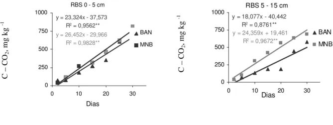 Figura  4.  Relação  entre  o  C-CO 2   da  respiração  basal  do  solo  e  os  dias  de  avaliação,  em  amostras de solo, sob diferentes sistemas de manejo na Chapada do Apodi – CE