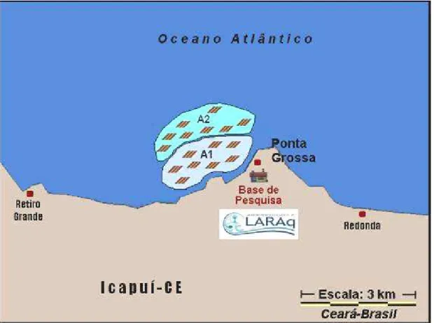 Figura 9 - Área geográfica de implantação das marambaias de na praia de Ponta Grossa, município de  Icapuí-CE