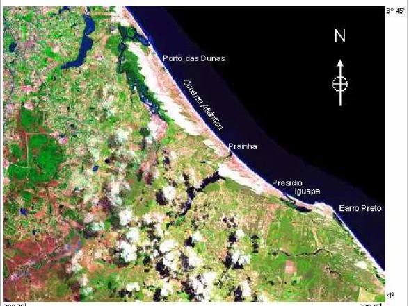 FIGURA 3.2 - Imagem de satélite  do litoral de Aquiraz, destaque  para o campo de dunas e  a hidrografia
