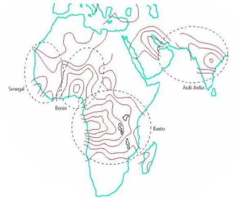 Figura 6 - Distribuição geográfica dos haplótipos ligados ao gene da globina β S  na África e regiões do Oriente  Médio.