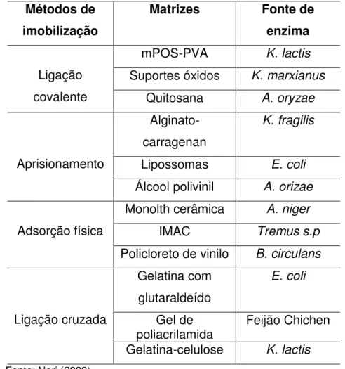 Tabela  3  -  β -galactosidases  de  origens  diferentes  imobilizadas  por  vários  métodos  para uma variedade de matrizes