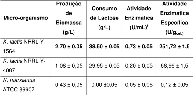 Tabela  6  -  C rescimento  celular,  consumo  de  lactose  e  atividade  enzimática  da  β - -galactosidase  produzida  pelas  leveduras  K