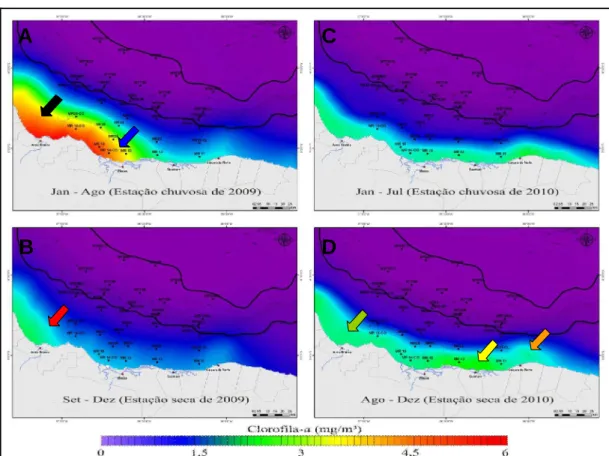 Fig. 9 - Imagens AQUA-MODIS com os valores médios entre os períodos (A) chuvoso e (B) seco de 2009, e (C) chuvoso e (D) seco de 2010 para a clorofila-a para a toda a área da plataforma continental (isóbatas de 0-60 m) e área do talude continental (isóbatas