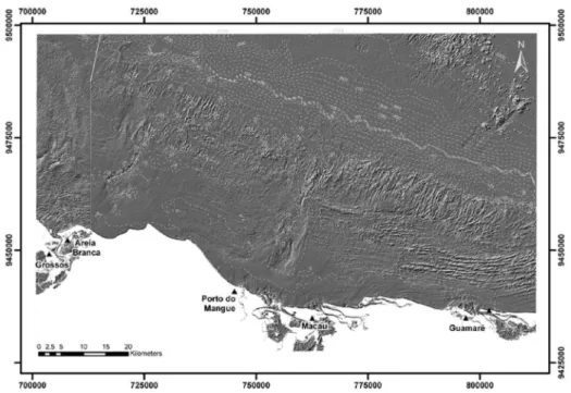 Fig  1.  Mapa  de  localização  da  área  de  estudo  na  porção  offshore  da  Bacia  Potiguar  no  Estado  do  Rio Grande  do  Norte  (plataforma  e  talude  continental)