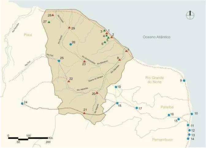 Figura 1  –  A rede Urbana cearense e suas articulações com as capitanias vizinhas  Fonte: ANDRADE, 2012